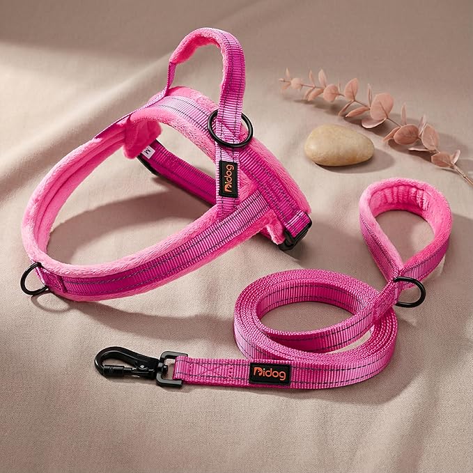 Didog Soft Flannel Padded Dog Vest Harness, No Pull/Quick Fit Reflective Dog Strap Harness, Easy for Training Walking (L:Chest 26-32", Hot Pink)