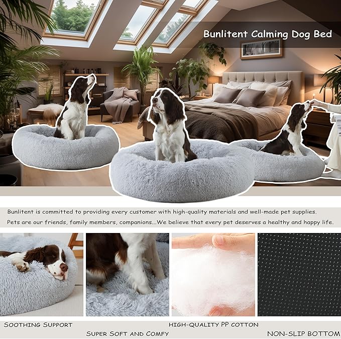Bunlitent 23'' inch Calming Dog Bed, Anti-Anxiety Donut Small Dog Bed, Warming Cozy Soft Cute Round Washable, Marshmallow Cuddler Nest Puppy Bed, Grey