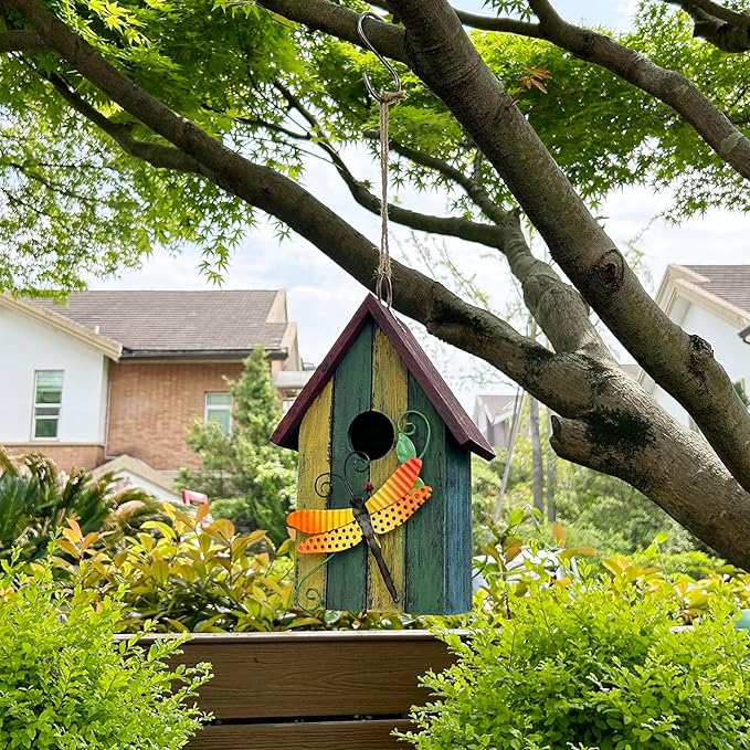 Wood Bird Houses for Outside, Hanging Bluebird House Nest Box Garden Patio Outdoor Decorative Bird Houses Vintage Rustic Wooden Birdhouse Bird Box Home for Finch Wren Chickadee Cardinals (Dragonfly)