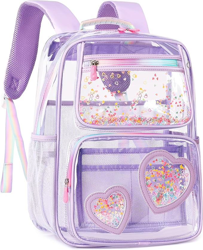 Clear Backpack for Girls,Clear Bookbag Heavy Duty Transparent Backpacks for Stadium Events, See Through Back Pack for Kindergarten Elementary Middle High School (Purple)