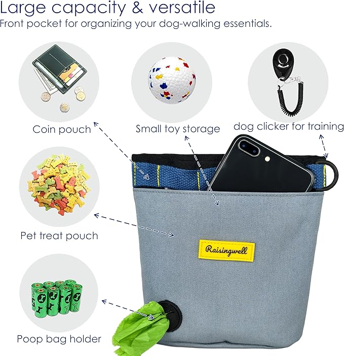 Raisingwell Dog Treat Pouch for Pet Walking and Training with Clicker 2 Cup Silicone Bag Small Fanny Pack Holder for Puppy Snack Dispenser Kit for Leash and Outdoor Use (Gray)