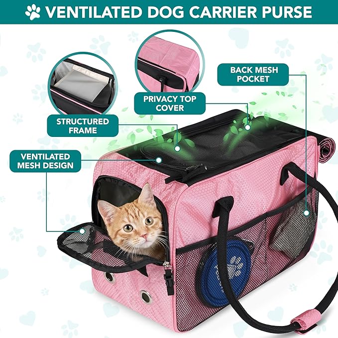 PetAmi Dog Purse Carrier for Small Dogs, Airline Approved Soft Sided Pet Carrier with Pockets, Ventilated Dog Carrying Bag for Puppy Cat, Dog Travel Supplies Bag, Sherpa Bed, Max 12 lbs, Pink