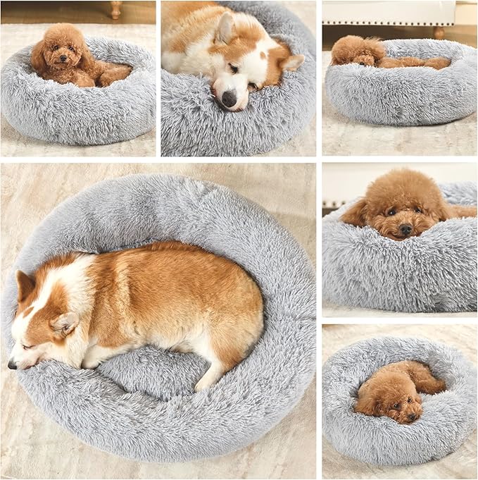Dog Calming Beds for Small Medium Dogs - Round Donut Washable Dog Bed, Anti-Slip Faux Fur Fluffy Donut Cuddler Anxiety Cat Bed(16" Light Grey)