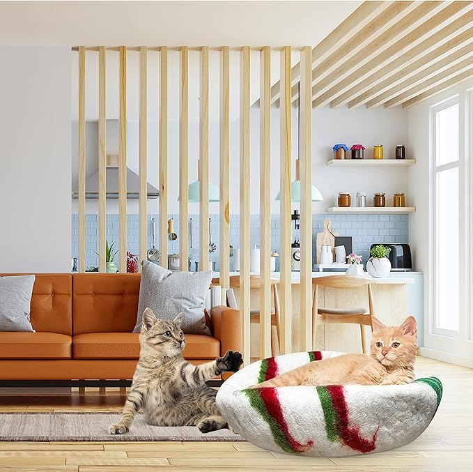 Woolygon Premium Felt Cat Cave Bed – Wool Kitty Beds Handcrafted Kitten Caves Bed for Indoor Cats - Made from Merino Wool, Foldable Cat Hideaway Covered Cat House Pod (Candy Swirl)