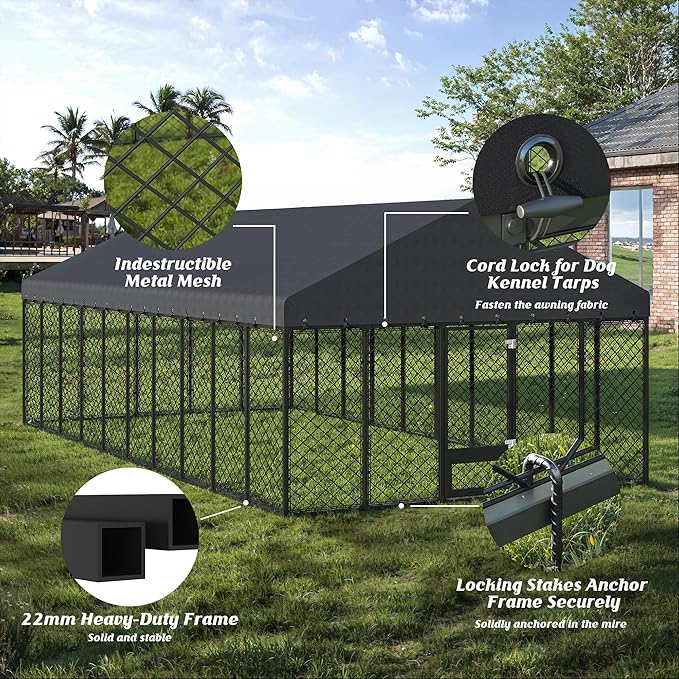 10x20FT Outdoor Dog Kennel with Roof, Extra Large Heavy Duty Metal Dog Enclosure for Multiple Dogs, Secure Playpen with Lockable Gate & Feeding Door, Weather-Resistant Fence Run