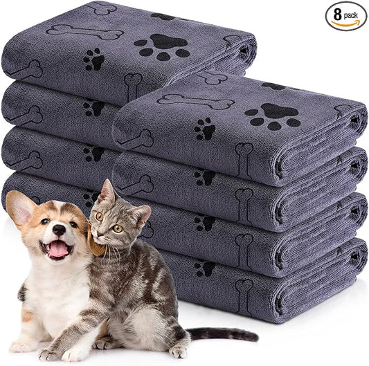 Chumia 8 Pcs Dog Towels for Drying Dogs Cats Pet Towels Bulk Puppy Microfiber Fast Drying Paw Bath Bathing Supplies Absorbent for Medium Pets(18 x 28 Inch,Dog Paw and Bone,Gray)