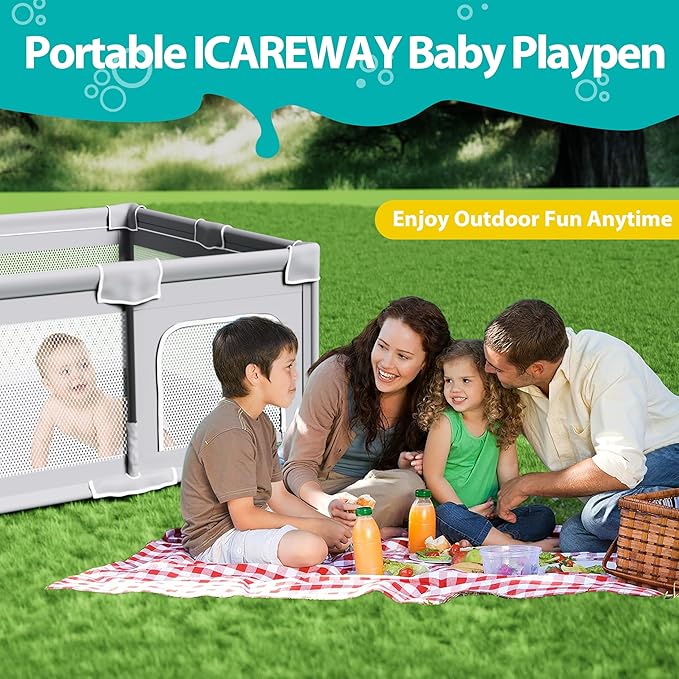 ICAREWAY Foldable Playpen for Babies and Toddlers, 50x50 Inches Portable Playpen, Kids Collapsible Play Pen with 2 Handlers, Indoor & Outdoor Baby Fence Play Area with Visible Mesh, Light Green