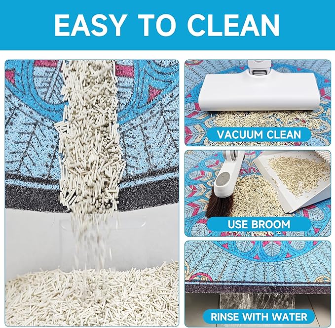 Cat Litter Mat, 35" x 23" Litter Box mat, Traps 100% Litter, Non-Slip Kitty Litter Trapping mats, Large Cute Litter mat, Easy Clean for Scatter Control, Bohe cat Food mat, Urine Waterproof