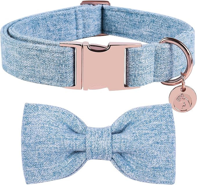 DOGWONG Hemp Cotton Dog Collar with Bow, Blue Pet Collar Durable Adjustable Puppy Collar for Small Dogs