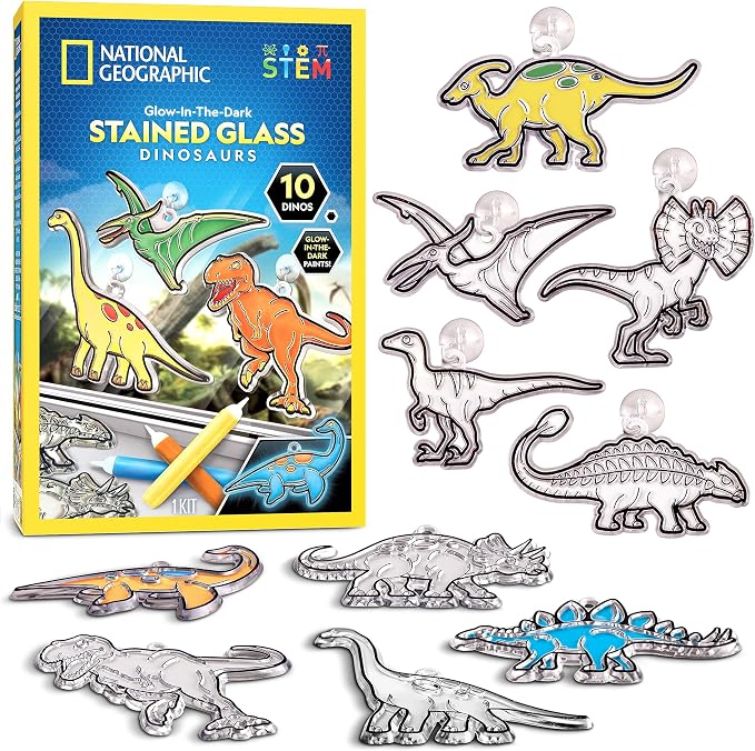 National Geographic Dinosaur Stained Glass Suncatcher Craft Kit for Kids | Glow-in-the-Dark Dinosaur Toy, Window Art, Paint Supplies, Kid Crafts Ages 4-8, Creative Activity, Birthday Gift