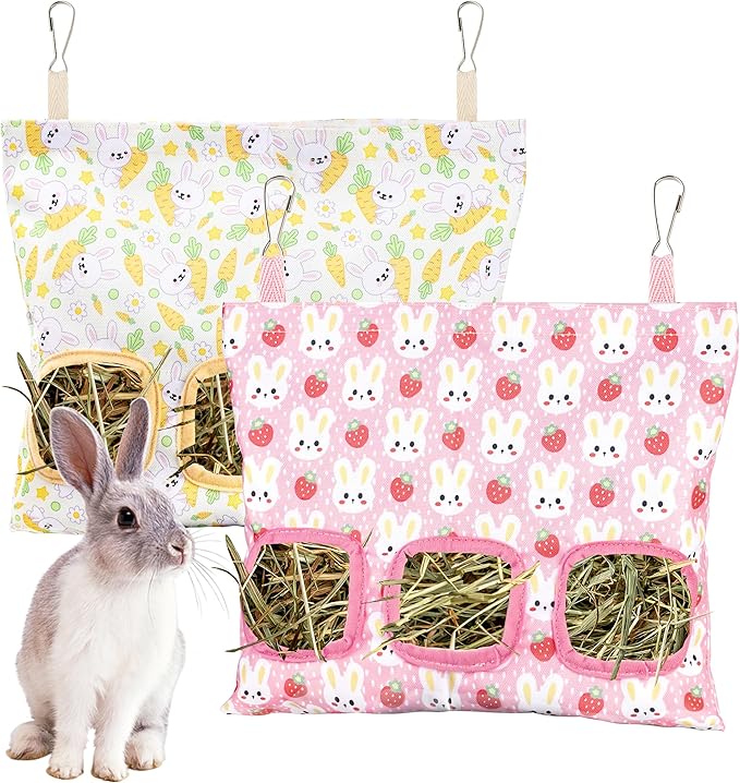 Lesnala 2pcs Bunny hay feeder Rabbit hay feeder bag Hanging guinea pig hay bag Large capacity cotton canvas fabric hay bag for Rabbits Bunny Chinchillas Hamsters and Other Small Pets(3 Holes,2 styles)