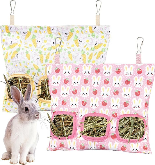 Lesnala 2pcs Bunny hay feeder Rabbit hay feeder bag Hanging guinea pig hay bag Large capacity cotton canvas fabric hay bag for Rabbits Bunny Chinchillas Hamsters and Other Small Pets(3 Holes,2 styles)