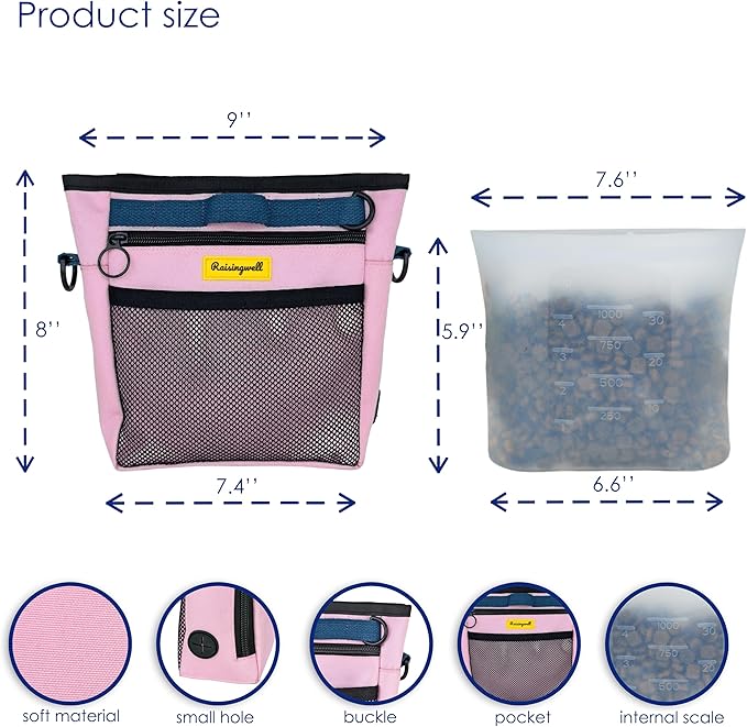 Raisingwell Dog Treat Pouch with Magnetic Closure 4-Cup Silicone Bag Fanny Pack Holder with Clicker 4 Ways to Wear Front Pocket Fits All Phones Ideal for Leash, Pet Walking and Training（Pink）