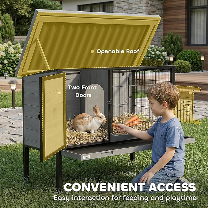 PawHut Elevated Rabbit Hutch Outdoor, Wooden Rabbit Cage Bunny House with Pull-Out Tray and Openable Plastic Roof for Indoor Outdoor, Light Gray