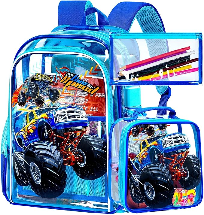 KLFVB 3PCS Clear Backpack for Girls and Boys, Kids See Through Backpacks Stadium Approved, Transparent Bookbag for Elementary