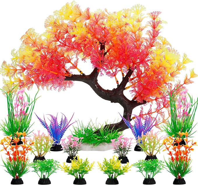 MyLifeUNIT Fish Tank Decorations, 15 Pack Artificial Aquarium Plants Tree Set for Fish Tank Decor (Pink Set)