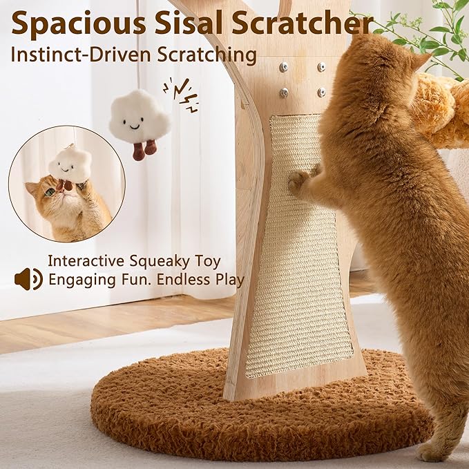 Aesthetic Flower Cat Tree Tower with Scratching Post for Indoor Cats, 48" Modern Cat Tree with Wood Sculpted Branch, Flower Cat Beds, Scratching Board & Interactive Squeaky Toy, Sunset Brown