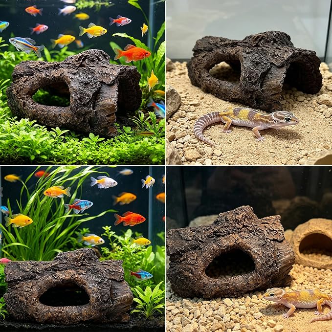 Tfwadmx Aquarium Decoration Cave Resin Hollow Tree Trunk Log Terrarium Ornament Fish Tank Hideout for Betta Cichlid Shrimp Small Reptile Gecko