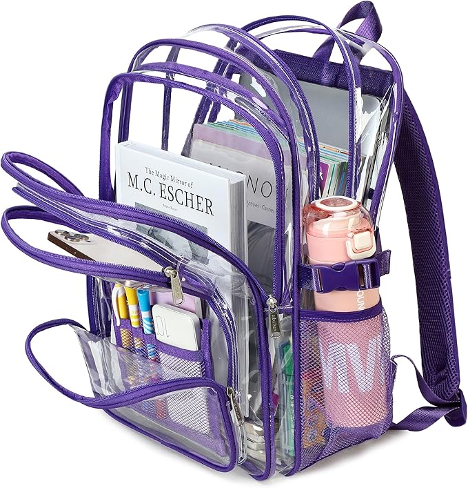 abshoo Large Heavy Duty Clear Backpack For School Bookbag Transparent Multi Pocket Backpacks for Girls (Dark Purple)
