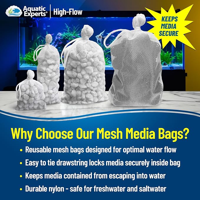 Aquatic Experts High Flow Filter Media Bag - Durable Filter Bags for Fish Tank, Secure Aquarium Media Bag with Drawstring, Media Bags for Aquarium and Pond, High Flow (White), 3” x 8” - 8 Pack