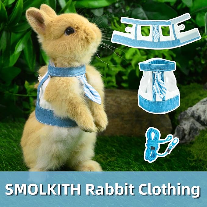SMOLKITH Rabbit Clothes - Bunny Adjustable Blue and White Vest with Leash, Small Animal Apparel for Walking - Fits Guinea Pigs, Chinchillas, Meerkats, Prairie Dogs, Pet Rats and More