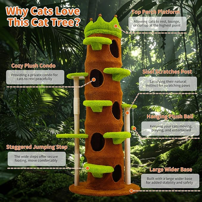 Modern Cat Tree Tower: 73.6” Tall Cat Tree for Indoor Cats Large Adult with Sisal Scratching Post - Extra Large Heavy Duty Wooden Green Cat Tree with Plush Condo