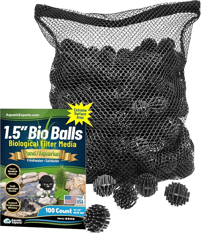 Aquatic Experts 1.5" Large Bio Balls for Ponds – Biological Filter Media for Waterfalls & Outdoor Pond Filters, Treats Up to 330 Gallons (100 Count + 10" x 12" Mesh Bag)