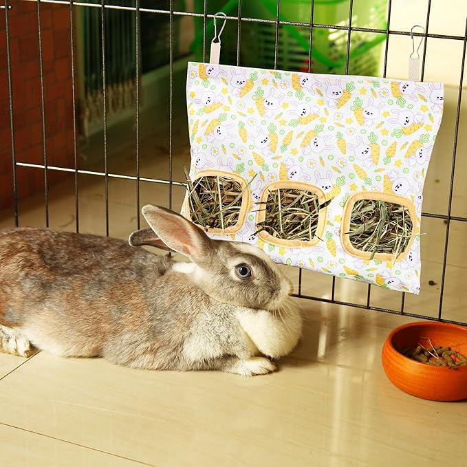 Lesnala 2pcs Bunny hay feeder Rabbit hay feeder bag Hanging guinea pig hay bag Large capacity cotton canvas fabric hay bag for Rabbits Bunny Chinchillas Hamsters and Other Small Pets(3 Holes,2 styles)