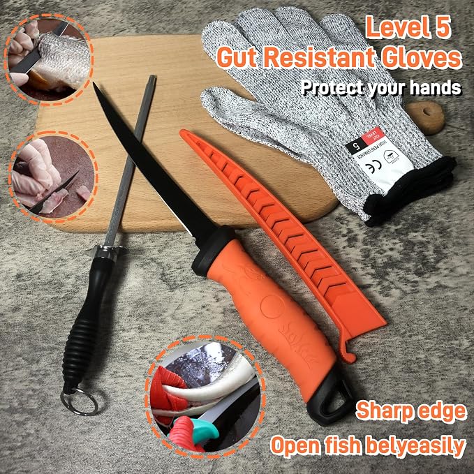 Fishing Knife Set, Fish Cleaning Kit, Filet Knife for Fish, Fish Scale Cleaning Brush, Multi-Functional Scissors, Gloves, Fishbone Tweezers, Storage Bag,Fishing Accessories,Fishing Tool Kit