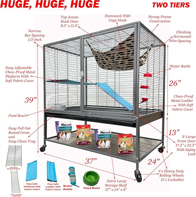 XX-Large 37"x24"x39"H Two Tiers Chew-Proof Large Double Large Front Doors Tight 1/2-inch Wire Spacing for Feisty Ferret Hammock Chinchilla Cat Sugar Glider Home On Wheels
