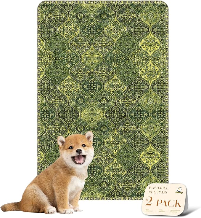 nunubaby Washable Pee Pads for Dogs, Stylish, Non-Slip and Leak-Proof Pee Pads. Reusable Potty Pads for Dogs for Crates and Floors.(Green/Multi,24" x36" )