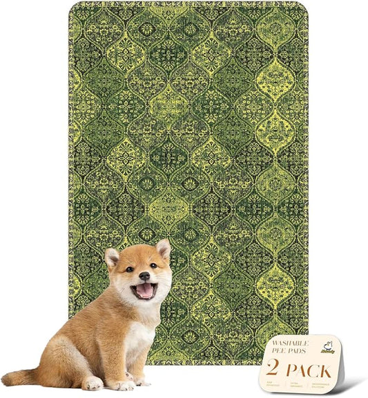 nunubaby Washable Pee Pads for Dogs, Stylish, Non-Slip and Leak-Proof Pee Pads. Reusable Potty Pads for Dogs for Crates and Floors.(Green/Multi,24" x36" )