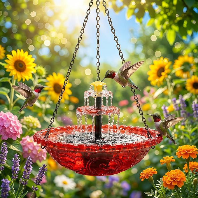 Solar Cascade Hanging Bird Bath Fountain, 2026 New Hanging Bird Bath with Flowing Water for Outdoors Garden Patio Backyard Lawn Decor (Red)
