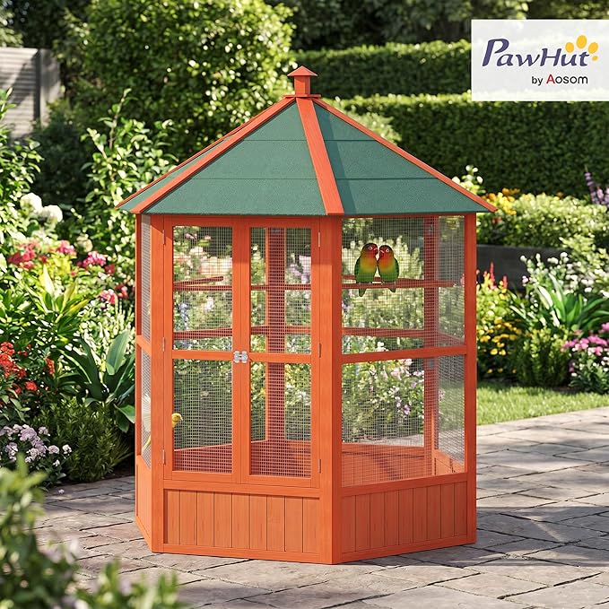 PawHut 69" Large Wooden Hexagonal Outdoor Aviary Flight Bird Cage with Covered Roof, Brown