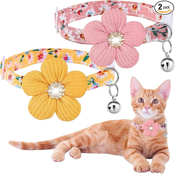 Cat Collar, HYQHYX Breakaway Kitten Collar with Flower,Rhinestone Kitty Collar with Bell, Floral Pet Collar with Safety Buckle for Cats and Puppy Dog