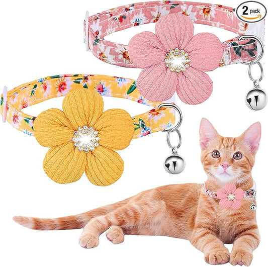Cat Collar, HYQHYX Breakaway Kitten Collar with Flower,Rhinestone Kitty Collar with Bell, Floral Pet Collar with Safety Buckle for Cats and Puppy Dog