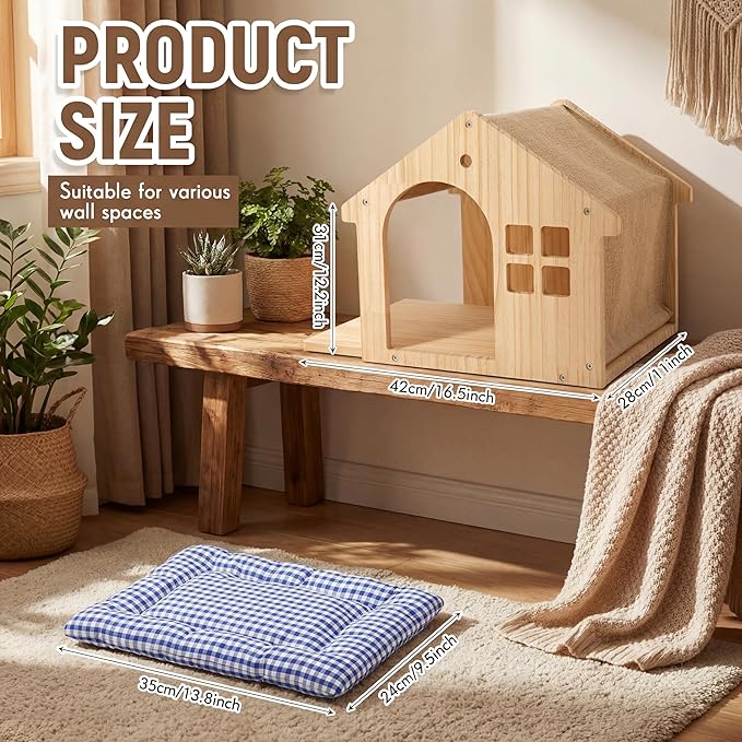 2 Pack Solid Wood Cat Wall Shelves, Wall-Mounted Box Condo House Perches with Washable Cushions, Stable Design for Small to Medium Cats, Space Saving Furniture