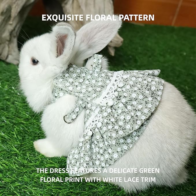 SMOLKITH Rabbit Clothes - Bunny Adjustable Green Floral Dress with Leash, Small Animal Apparel for Walking - Fits Guinea Pigs, Chinchillas, Meerkats, Prairie Dogs, Pet Rats and More
