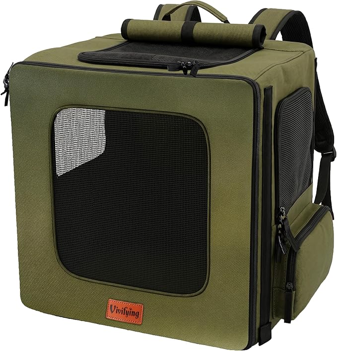 Vivifying Pet Carrier Backpack for Cats and Small Dogs up to 18 lb, Breathable Pet Backpack for Travel, Vet Visits and Hiking, with Sunshade, Locking Zippers, Thickened Bottom Support (Military Green)