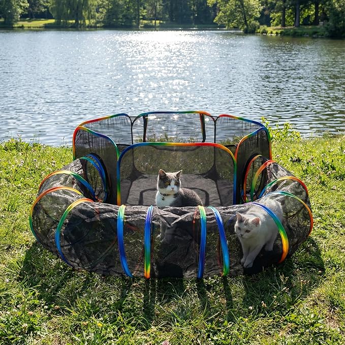 Portable Cat Enclosure - 2-in-1 Outdoor Catio with Tent & Tunnel, Foldable Playpen for Indoor Cats, Includes Storage Bag for Cats & Small Animals Rainbow Color
