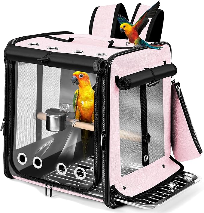Bird Carrier with Seat Belt for Car Travel, Bird Backpack Carrier with Indestructible Stainless Steel Mesh, Large Bird Carrier Travel Cage, Pink