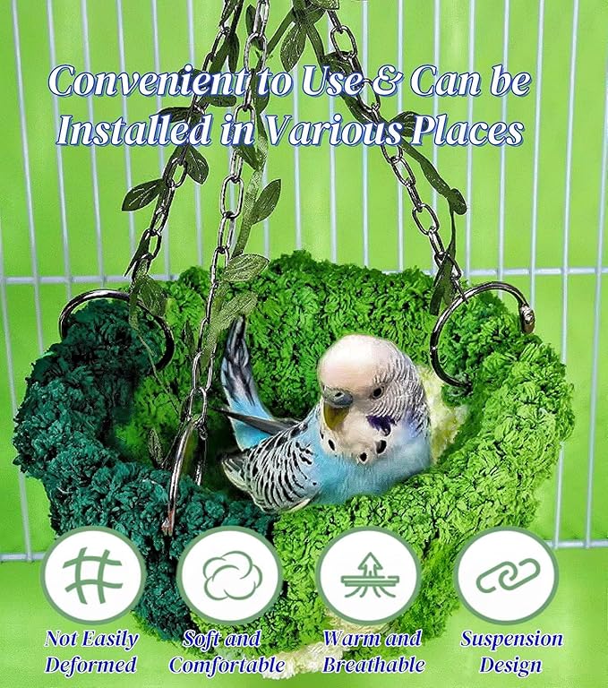 Hanging Bird Hammock for Cage Warm Plush Hanging Bird Bed Bird Snuggle Hut Parrot Hanging Sleeping Bird House for Parakeet, Conure, Budgie, Cockatiel, Lovebird, Finch, Hamster-Green