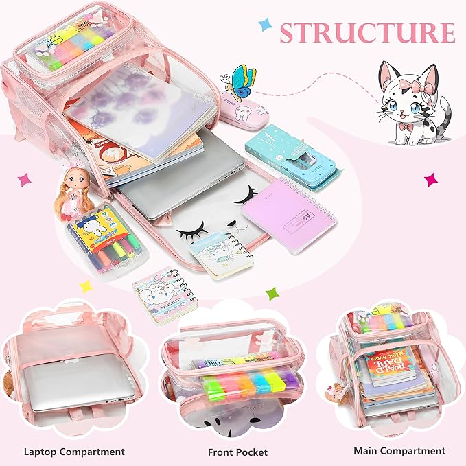 AO ALI VICTORY clear backpack Girls with Tote Bag Heavy Duty PVC Transparent Cute Backpack for Kids Toddler Preschool Bookbags Elementary School Bags See Through Casual Travel Daypack, Pink Set