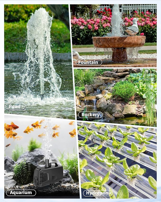 880GPH Submersible Pump(3200L/H, 85W), Ultra Quiet Fountain Pump with Over Heating Protection & Filter Sponge 10.5ft High Lift for Pond, Fish Tank, Aquarium, Hydroponics, Waterfall Q105