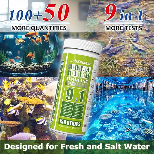 Aquarium Ammonia Test Strips Kit Fish Tank Test Strips (9-Way) | Pond Water Testing Kit for Freshwater Saltwater - Rapid Accurate Easy to Test Carbonate, Nitrate, Nitrite, Ammonia and More