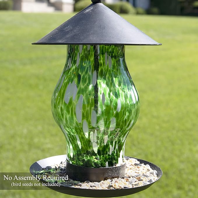 CLEVER GARDEN Glass Bird Feeder, Hanging Outdoor Decoration for Wild Birds, Green Cylinder