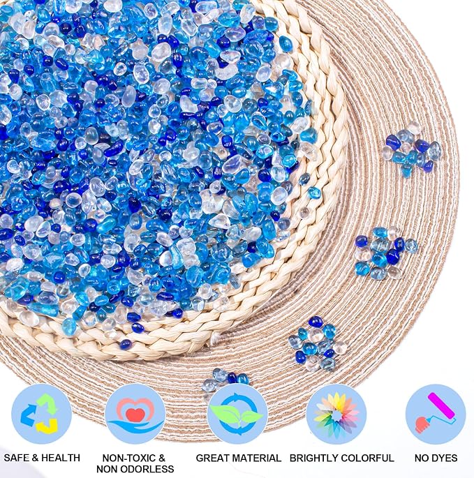 Keedolla 2 lbs/900g Blue Mix Aquarium Glass Pebbles Stones Fish Tank Rocks Gravel, Aquarium Rocks Glass Gems Stones for Crafts, Vase Fillers, Garden, Succulent Plants Decor