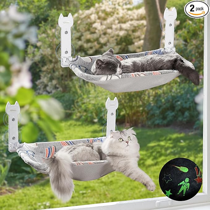 HiPetpy 2 Pack Cat Window Perch, Glow in The Dark Foldable Cat Hammock with Sunken Design & Removable Soft Cover, Breathable Cordless Window Bed for Resting Indoor Kitten (Shallow Perch, 2 Pack - L)