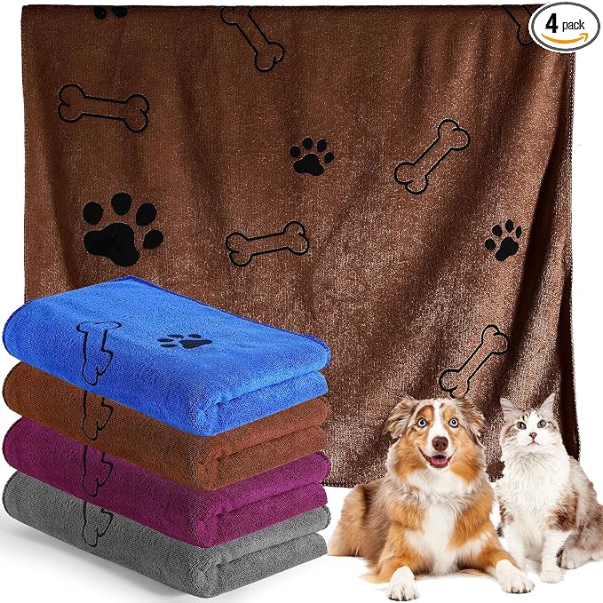 Chumia 4 Pcs Dog Towels for Drying Dog Puppy Bulk Microfiber Absorbent Paw Towel Pet Bathing Supplies Quick Drying for Medium Cats Pets Shower(24 x 40 Inch,Grey,Blue,Coffee,red)