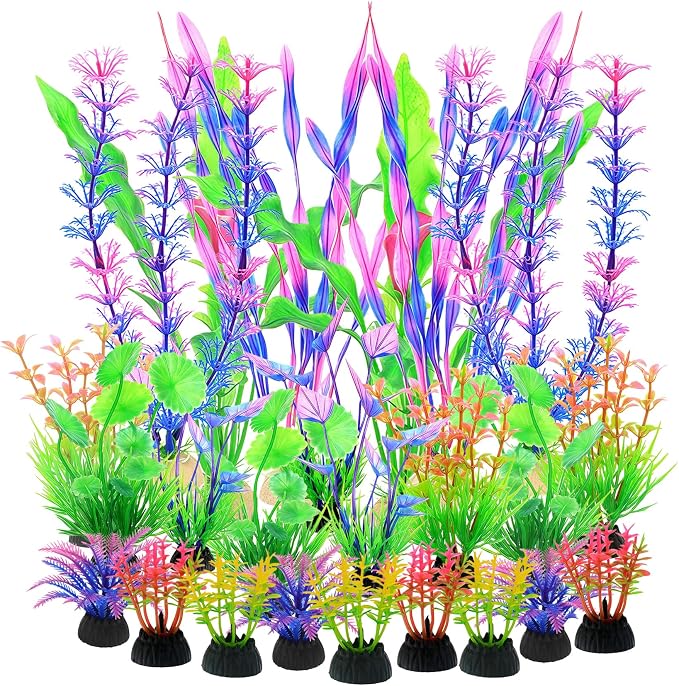 Aquarium Decorations Plants - 24pcs Colorful Artificial Aquariums Plant Decorations Plastic Aquatic Accessories Kit for Fish Tank Decor Betta Goldfish Turtle